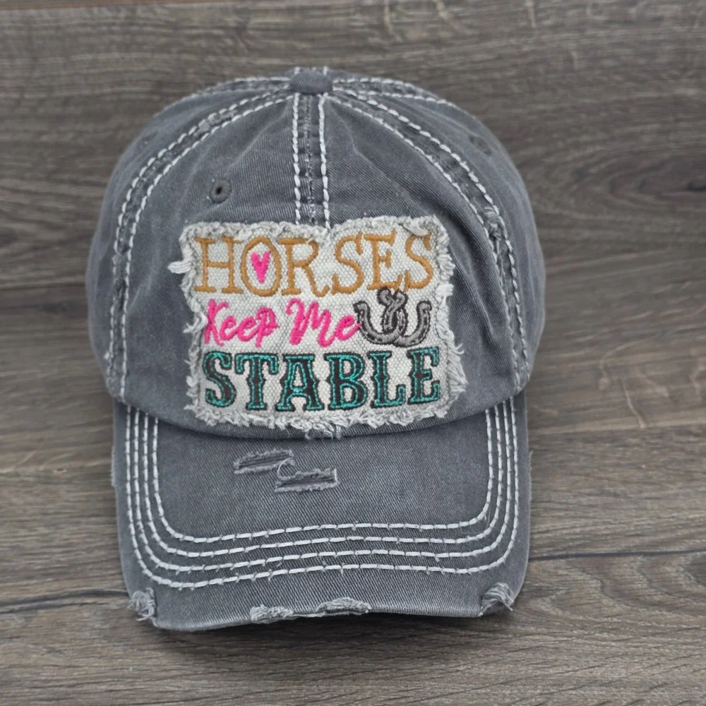KBETHOS Hat Cap Women Strapback Grey Equestrian Horses Keep Me Stable Distressed